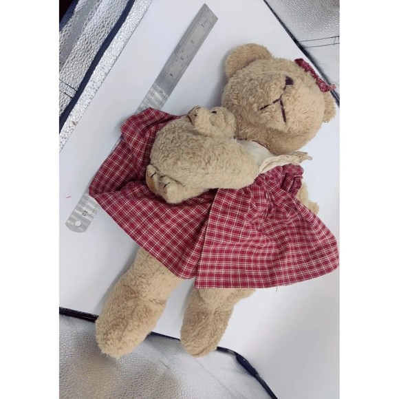 Vintage Mama & Baby Plush Boyds 18" Bear Teddy Cute Primative Plaid Dress Mom - Picture 7 of 9